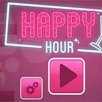 Letrero de neón que dice Happy Hour junto a iconos de botellas y botones de configuración y reproducción en un fondo rosado
