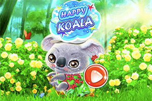 Un koala con grandes ojos en un entorno colorido y florido, con un botón rojo de reproducción al frente