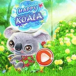 Un koala con grandes ojos en un entorno colorido y florido, con un botón rojo de reproducción al frente