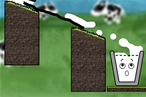 Dibujos animados de bloques de tierra con césped, un líquido blanco cayendo y una taza con un rostro sorprendido en el fondo de un paisaje verde