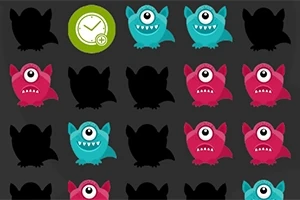 Monstruos caricaturizados en colores azul y rosa con un ojo, con algunas siluetas negras y un icono de reloj sobre fondo oscuro