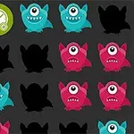 Monstruos caricaturizados en colores azul y rosa con un ojo, con algunas siluetas negras y un icono de reloj sobre fondo oscuro
