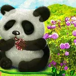 Panda de peluche comiendo una golosina rodeado de flores y un paisaje tropical