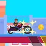 Motociclista con gafas de sol sobre una motocicleta roja brillando, pasando junto a una moneda dorada en un entorno urbano colorido
