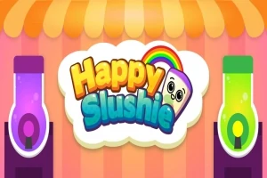 El título Happy Slushie en letras coloridas con un dibujo de un vaso sonriente y un arcoíris encima, flanqueado por dispensadores de bebidas de colores