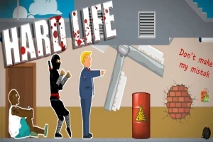 Un ninja y un hombre rubio caminan junto a un hombre sentado, un ventilador gigante, un barril rojo y una pared con un mensaje