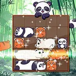 Pandas y bloques de tigres naranjas en un tablero dentro de un bosque de bambú