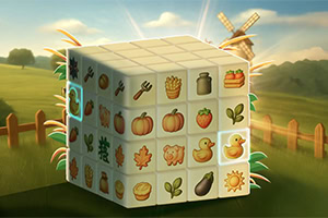 Cubo tridimensional con dibujos de íconos agrícolas como frutas, hortalizas y utensilios en un paisaje rural con molino de viento