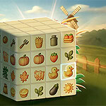 Cubo tridimensional con dibujos de íconos agrícolas como frutas, hortalizas y utensilios en un paisaje rural con molino de viento