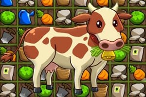 Vaca caricaturesca de manchas marrones masticando pasto frente a un fondo de iconos agrícolas como zanahorias, rocas y herramientas