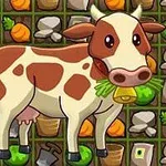 Vaca caricaturesca de manchas marrones masticando pasto frente a un fondo de iconos agrícolas como zanahorias, rocas y herramientas