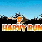 Un personaje naranja corriendo sobre hierba negra con cielo azul de fondo y texto Harvy Runner en letras naranjas