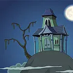 Mansión encantada sobre una colina bajo la luna llena, con un árbol torcido y murciélagos volando