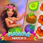 Mujer con vestimenta hawaiana señalando un tablero con frutas coloridas y flores tropicales, acompañado del texto Hawaii Match 3