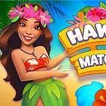 Mujer con vestido hawaiano y flores en el cabello, junto al título Hawaii Match 4 con fondo de playa y elementos coloridos