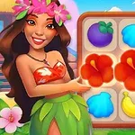 Mujer con vestido hawaiano mostrando un tablero de juego con frutas y flores coloridas