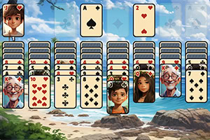 Cartas de juego con ilustraciones de personajes sobre un fondo de playa tropical