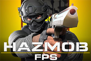 Un soldado con casco y gafas sostiene una pistola apuntando hacia adelante, con texto HAZMOB FPS en la parte inferior sobre un fondo amarillo
