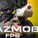 Un soldado con casco y gafas sostiene una pistola apuntando hacia adelante, con texto HAZMOB FPS en la parte inferior sobre un fondo amarillo