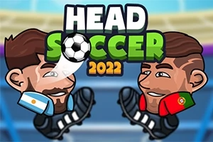 Dos personajes caricaturizados con camisetas de Argentina y Portugal y un balón de fútbol en medio, con el texto Head Soccer 2022 arriba