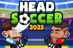 Dos personajes caricaturescos con uniformes de fútbol, uno con una bandera de Argentina y el otro de Portugal, con el título Head Soccer 2023