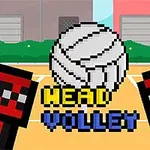 Dos personajes pixelados mirando un balón de voleibol en el centro con el texto Head Volley debajo, sobre un fondo de cancha y edificios