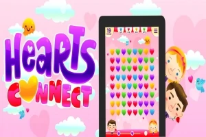 Texto colorido en estilo caricatura junto a una pantalla de juego móvil con corazones de colores y personajes sonrientes en un fondo rosado con nubes