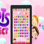 Texto colorido en estilo caricatura junto a una pantalla de juego móvil con corazones de colores y personajes sonrientes en un fondo rosado con nubes