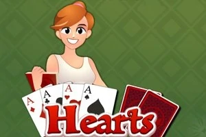 Mujer animada sosteniendo cartas de juego con el texto Hearts en frente, sobre un fondo verde con diseño de rombos