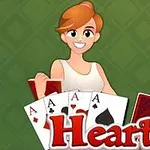 Mujer animada sosteniendo cartas de juego con el texto Hearts en frente, sobre un fondo verde con diseño de rombos