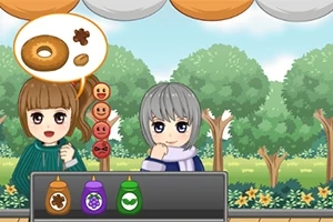 Dos personajes animados en un puesto al aire libre, uno de ellos pensando en un bagel y condimentos, con árboles y cielo claro de fondo