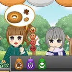 Dos personajes animados en un puesto al aire libre, uno de ellos pensando en un bagel y condimentos, con árboles y cielo claro de fondo