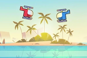 Dos helicópteros de colores rojo y azul flotan sobre una isla tropical con palmeras y un cielo despejado al fondo