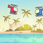 Dos helicópteros de colores rojo y azul flotan sobre una isla tropical con palmeras y un cielo despejado al fondo