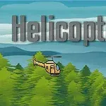 Helicóptero volando sobre árboles con el texto Helicopter al fondo en un paisaje montañoso