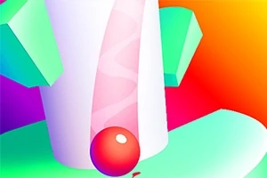 Imagen abstracta con un fondo de colores degradados y una esfera roja delante de un cilindro vertical con elementos geométricos verdes