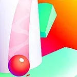 Imagen abstracta con un fondo de colores degradados y una esfera roja delante de un cilindro vertical con elementos geométricos verdes