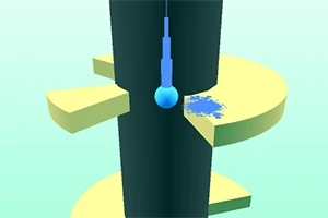 Torre cilíndrica negra con plataformas amarillas espaciadas y una esfera azul en caída libre