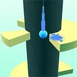 Torre cilíndrica negra con plataformas amarillas espaciadas y una esfera azul en caída libre