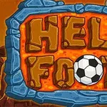 Texto Hell Footy con un balón de fútbol integrado en las letras, rodeado de un marco de piedra azul y una calavera en la esquina superior