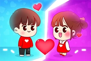Dos personajes de estilo caricaturesco, un niño y una niña, vestidos de rojo con corazones, mirándose frente a un fondo dividido en azul y morado