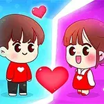 Dos personajes de estilo caricaturesco, un niño y una niña, vestidos de rojo con corazones, mirándose frente a un fondo dividido en azul y morado