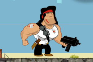 Personaje muscular con boina roja y camiseta blanca, portando un arma grande y cuchillo, de pie sobre un paisaje urbano