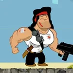 Personaje muscular con boina roja y camiseta blanca, portando un arma grande y cuchillo, de pie sobre un paisaje urbano