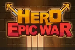 Título Hero Epic War en letras grandes y coloridas con un fondo de muro de piedra