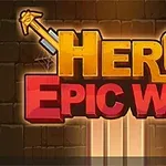 Título Hero Epic War en letras grandes y coloridas con un fondo de muro de piedra