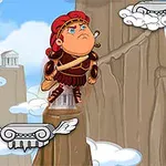 Un personaje estilo caricatura con casco y armadura salta entre plataformas en un paisaje montañoso con nubes y templos al fondo