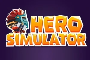 Texto Hero Simulator en letras grandes y estilizadas, acompañado de un dibujo de un casco de guerrero en un fondo morado