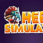 Texto Hero Simulator en letras grandes y estilizadas, acompañado de un dibujo de un casco de guerrero en un fondo morado