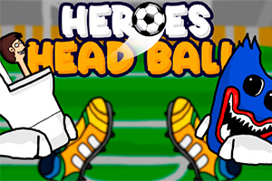 Un personaje vestido de blanco y un personaje azul con una cara sonriente y grandes ojos, ambos con zapatos de fútbol, sobre un fondo de campo de fútbol con el título Heroes Head Ball en la parte superior